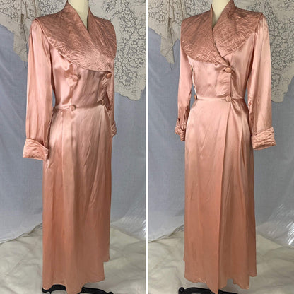 Vintage 1940's Dressing Gown Robe | Copper Rayon Satin with Quilted Collar & Button Closure | Size L - Daggers & Dames
