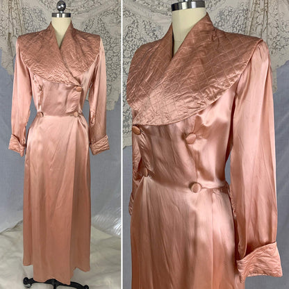 Vintage 1940's Dressing Gown Robe | Copper Rayon Satin with Quilted Collar & Button Closure | Size L - Daggers & Dames