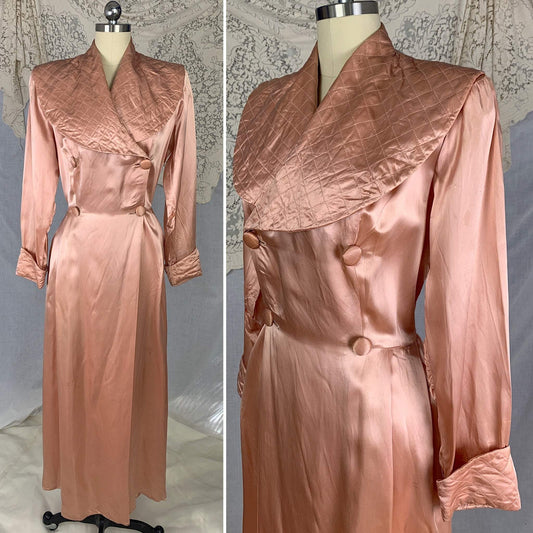 Vintage 1940's Dressing Gown Robe | Copper Rayon Satin with Quilted Collar & Button Closure | Size L - Daggers & Dames