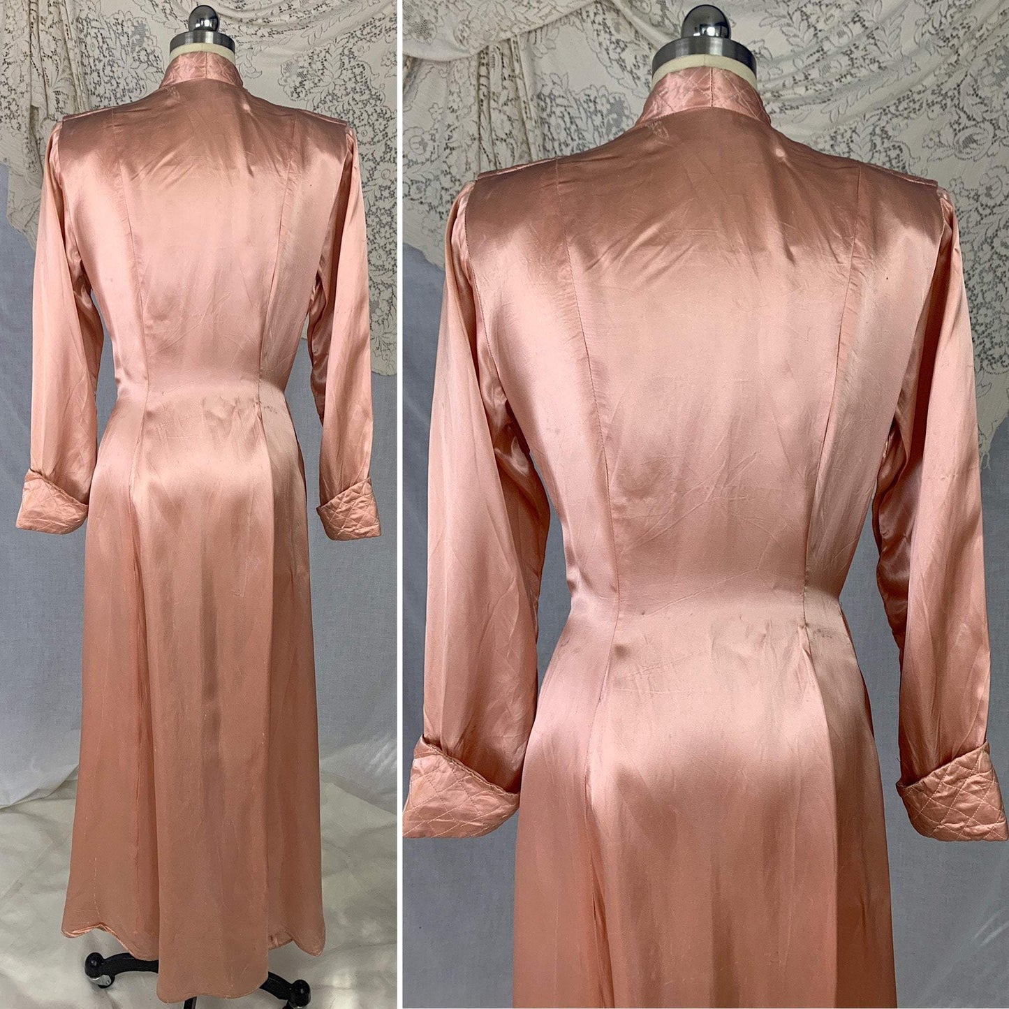 Vintage 1940's Dressing Gown Robe | Copper Rayon Satin with Quilted Collar & Button Closure | Size L - Daggers & Dames