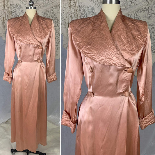 Vintage 1940's Dressing Gown Robe | Copper Rayon Satin with Quilted Collar & Button Closure | Size L - Daggers & Dames