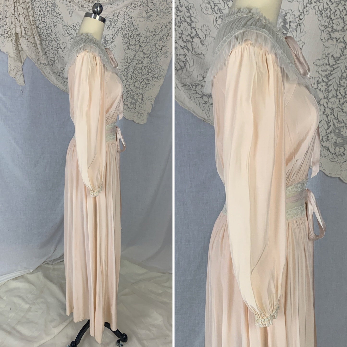 Vintage 1940's Dressing Gown Robe | Creamy Peach Rayon with White Ruched Tulle Yoke & Lace | Size XS, S | Radcliffe - Daggers & Dames