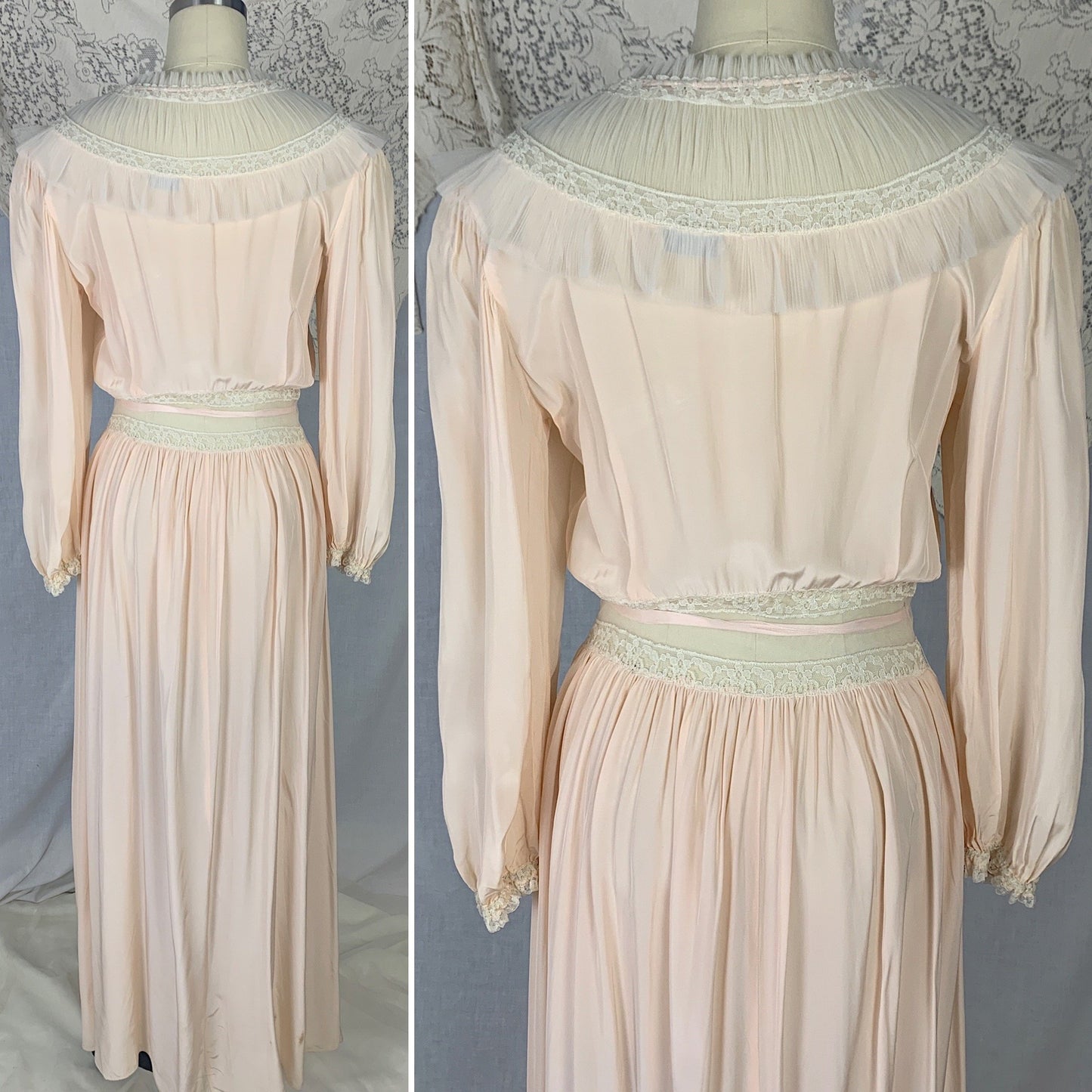 Vintage 1940's Dressing Gown Robe | Creamy Peach Rayon with White Ruched Tulle Yoke & Lace | Size XS, S | Radcliffe - Daggers & Dames