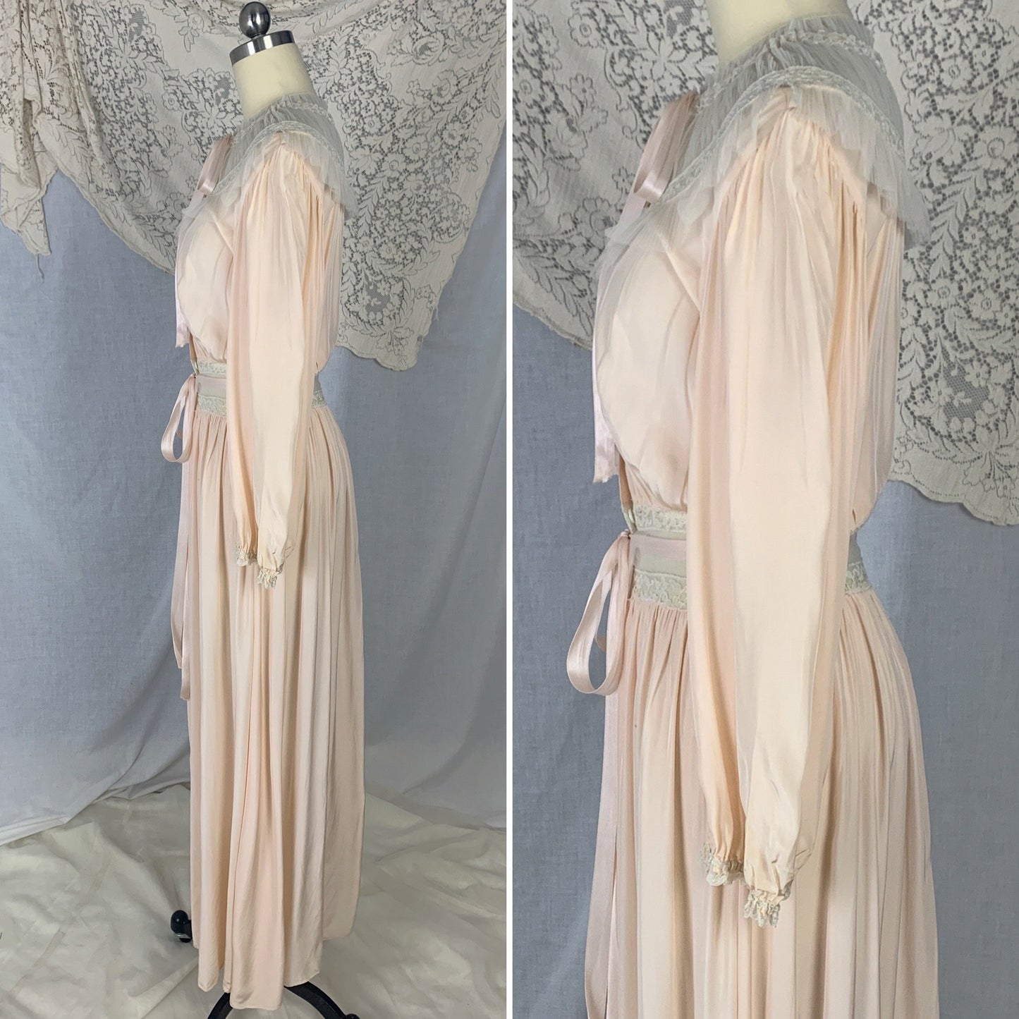 Vintage 1940's Dressing Gown Robe | Creamy Peach Rayon with White Ruched Tulle Yoke & Lace | Size XS, S | Radcliffe - Daggers & Dames