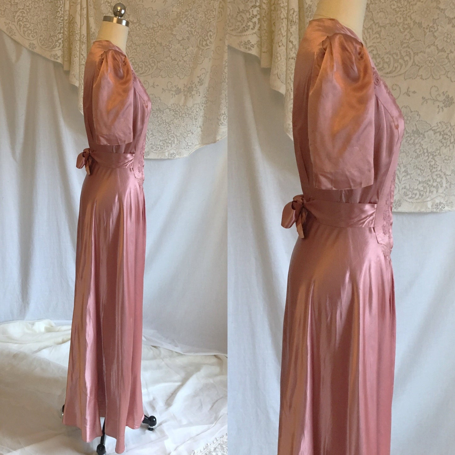 Vintage 1940's Dressing Gown Robe | Deep Blush Pink Satin Charmeuse with Embroidery | Size MED - Daggers & Dames