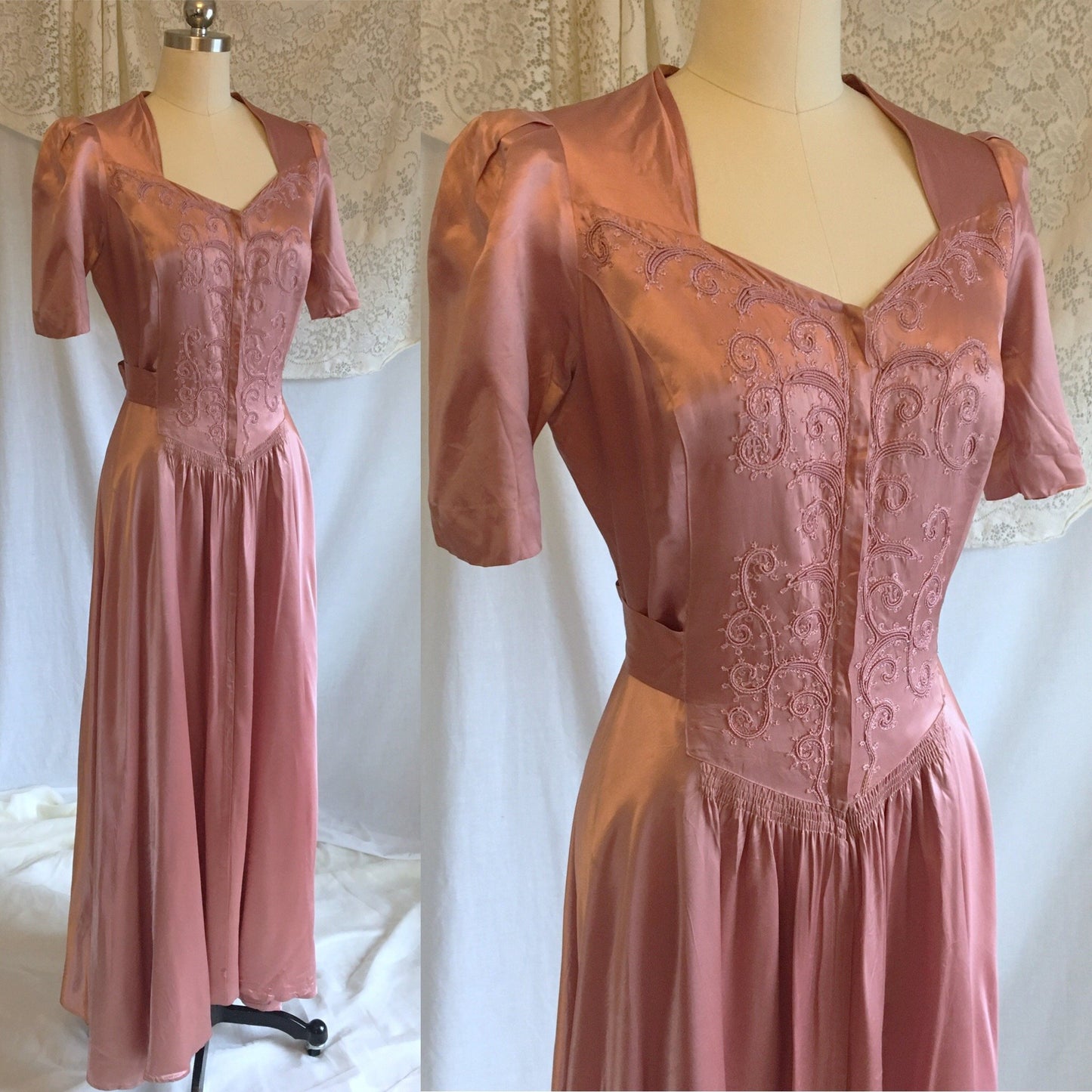 Vintage 1940's Dressing Gown Robe | Deep Blush Pink Satin Charmeuse with Embroidery | Size MED - Daggers & Dames