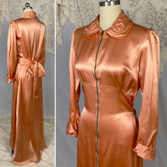 Vintage 1940's Dressing Gown Robe | Deep Peach Rayon Satin with Trapunto Stitching | SIze S, M - Daggers & Dames