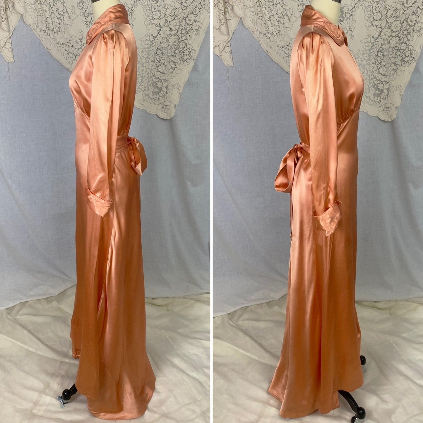 Vintage 1940's Dressing Gown Robe | Deep Peach Rayon Satin with Trapunto Stitching | SIze S, M - Daggers & Dames