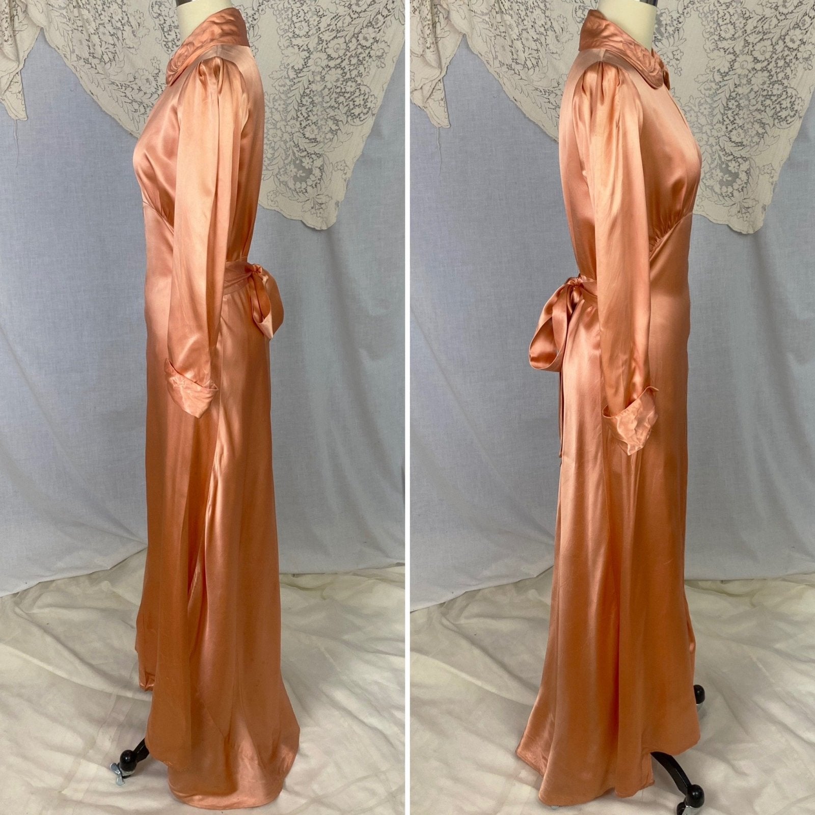 Vintage 1940's Dressing Gown Robe | Deep Peach Rayon Satin with Trapunto Stitching | SIze S, M - Daggers & Dames