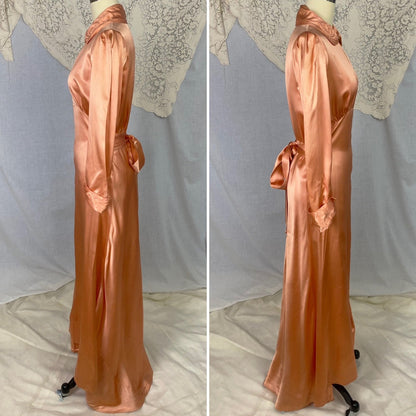 Vintage 1940's Dressing Gown Robe | Deep Peach Rayon Satin with Trapunto Stitching | SIze S, M - Daggers & Dames