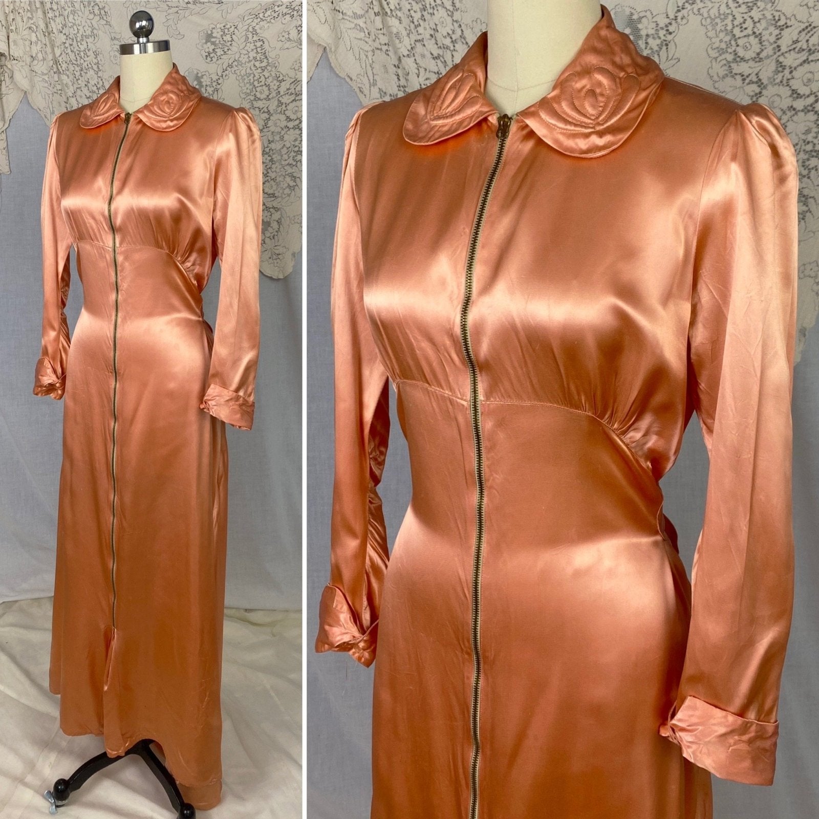 Vintage 1940's Dressing Gown Robe | Deep Peach Rayon Satin with Trapunto Stitching | SIze S, M - Daggers & Dames