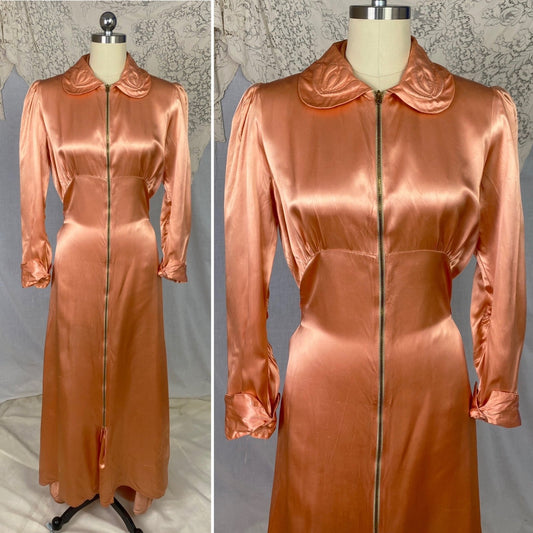 Vintage 1940's Dressing Gown Robe | Deep Peach Rayon Satin with Trapunto Stitching | SIze S, M - Daggers & Dames