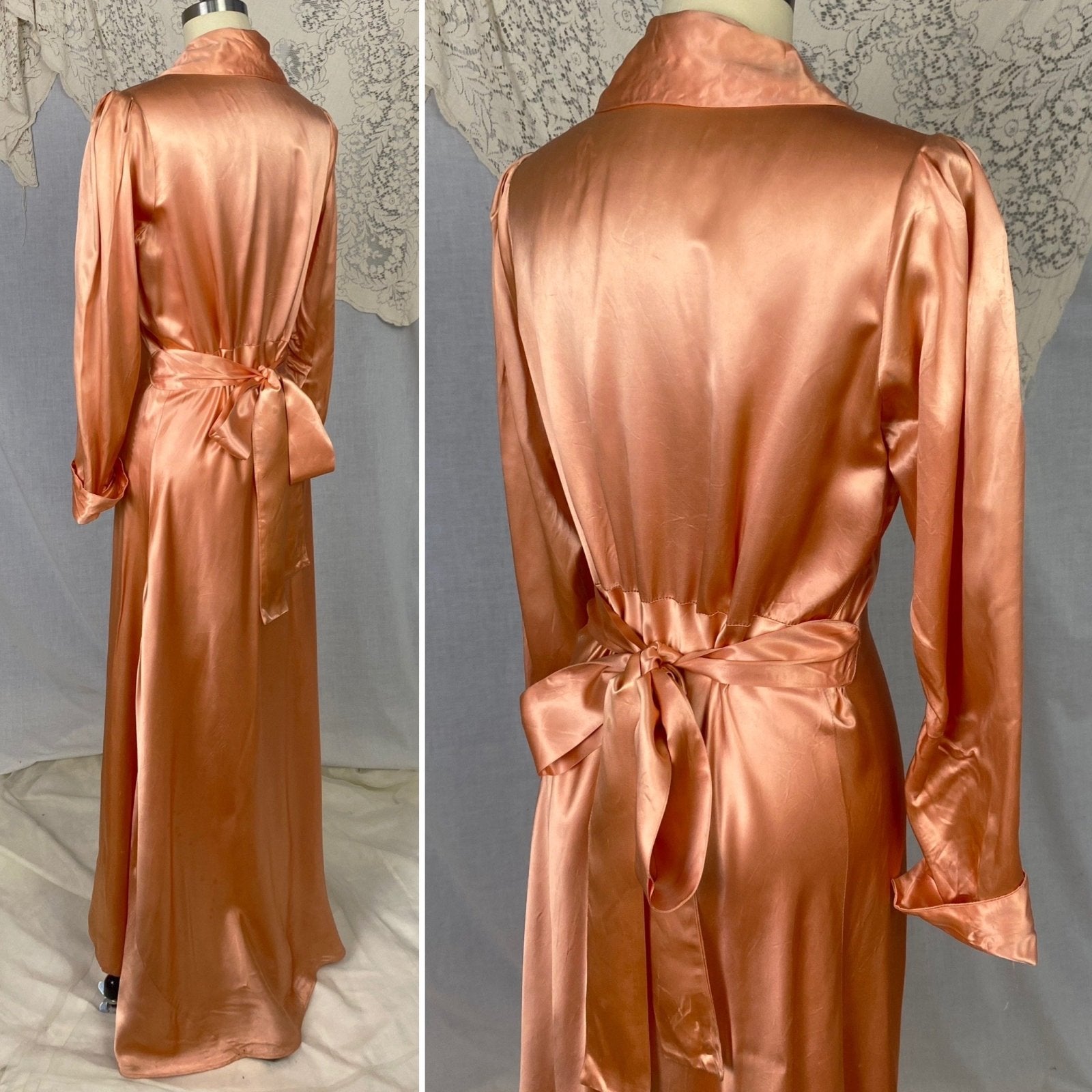 Vintage 1940's Dressing Gown Robe | Deep Peach Rayon Satin with Trapunto Stitching | SIze S, M - Daggers & Dames