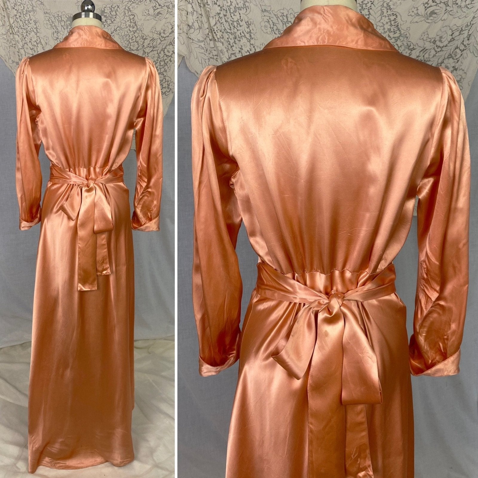 Vintage 1940's Dressing Gown Robe | Deep Peach Rayon Satin with Trapunto Stitching | SIze S, M - Daggers & Dames