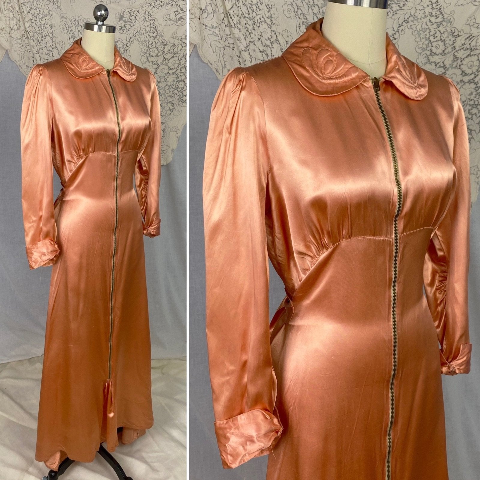 Vintage 1940's Dressing Gown Robe | Deep Peach Rayon Satin with Trapunto Stitching | SIze S, M - Daggers & Dames