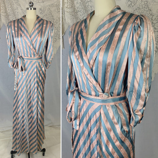 Vintage 1940's Dressing Gown Robe | Dusty Light Blue & Pink Striped Floral Damask | Size S, M | Best Co. - Daggers & Dames