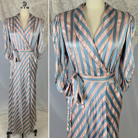 Vintage 1940's Dressing Gown Robe | Dusty Light Blue & Pink Striped Floral Damask | Size S, M | Best Co. - Daggers & Dames