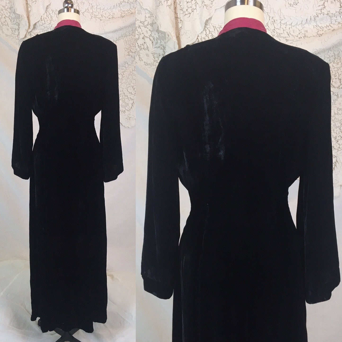 Vintage 1940's Dressing Gown Robe | Inky Black Silk Velvet with Fuchsia Silk | Size SM, MED, LG - Daggers & Dames