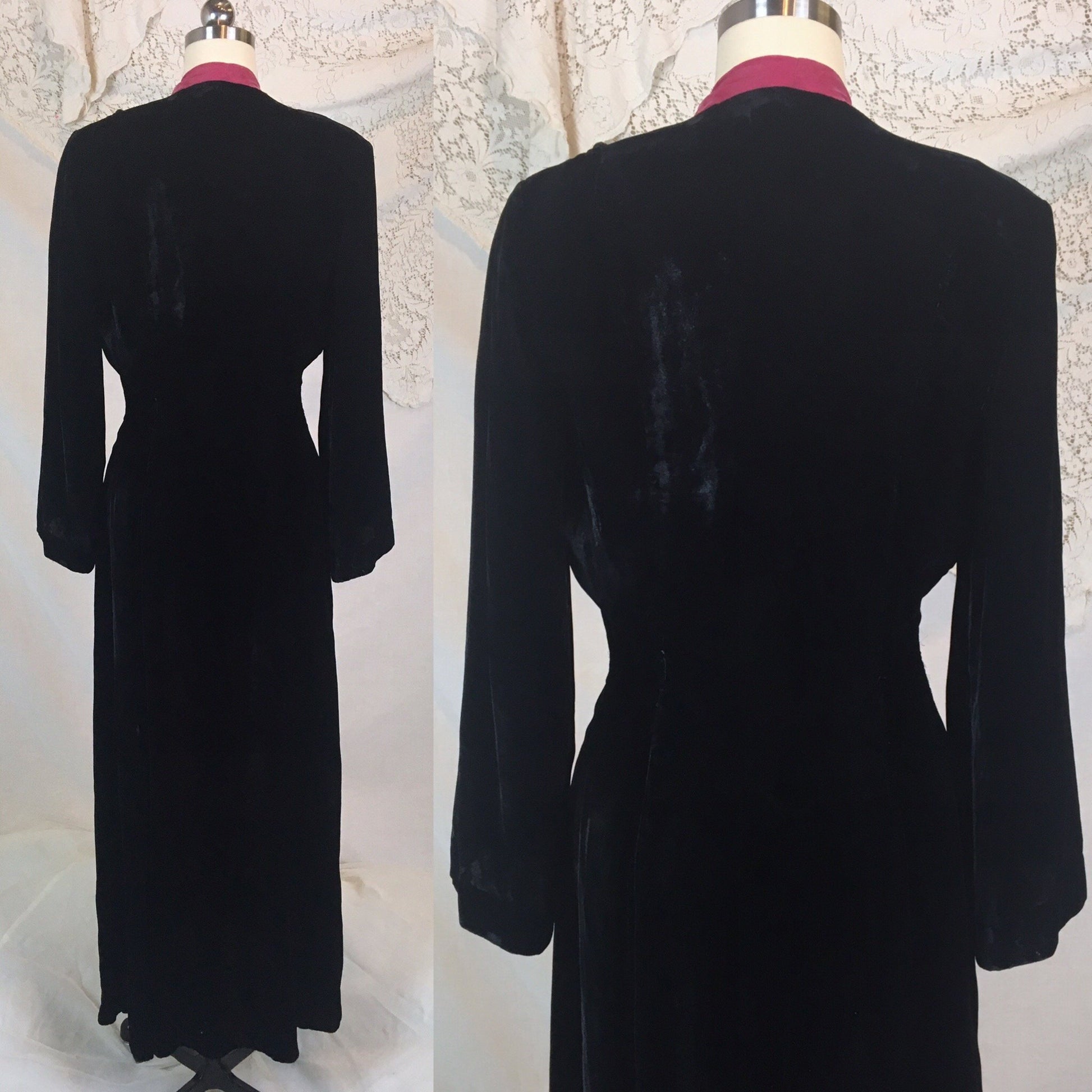 Vintage 1940's Dressing Gown Robe | Inky Black Silk Velvet with Fuchsia Silk | Size SM, MED, LG - Daggers & Dames