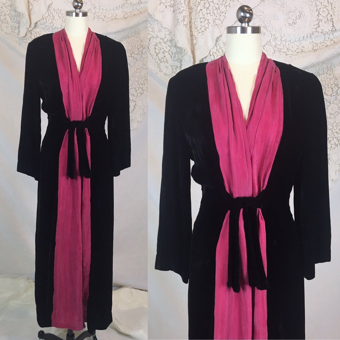 Vintage 1940's Dressing Gown Robe | Inky Black Silk Velvet with Fuchsia Silk | Size SM, MED, LG - Daggers & Dames
