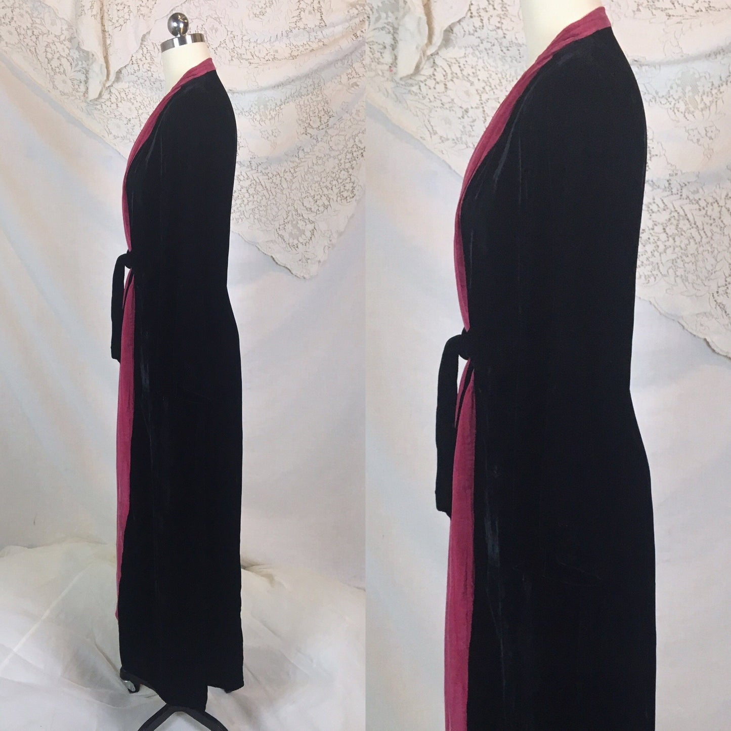 Vintage 1940's Dressing Gown Robe | Inky Black Silk Velvet with Fuchsia Silk | Size SM, MED, LG - Daggers & Dames