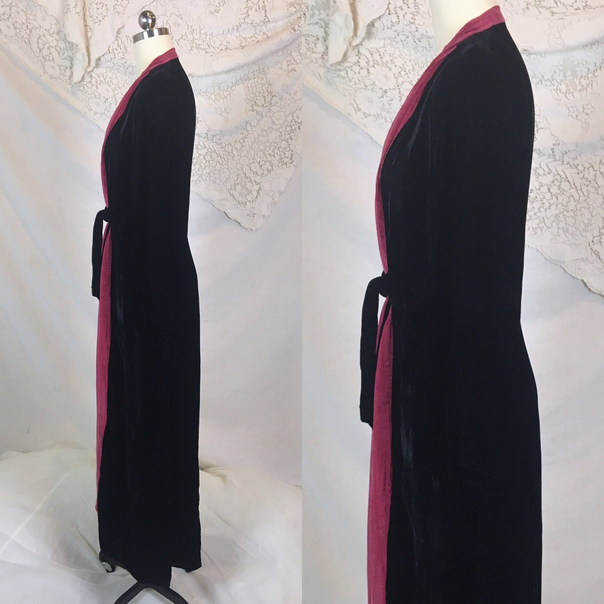 Vintage 1940's Dressing Gown Robe | Inky Black Silk Velvet with Fuchsia Silk | Size SM, MED, LG - Daggers & Dames