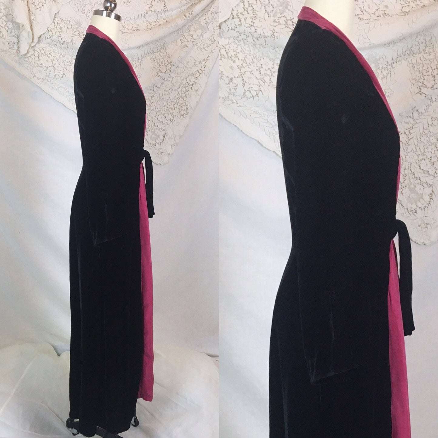Vintage 1940's Dressing Gown Robe | Inky Black Silk Velvet with Fuchsia Silk | Size SM, MED, LG - Daggers & Dames