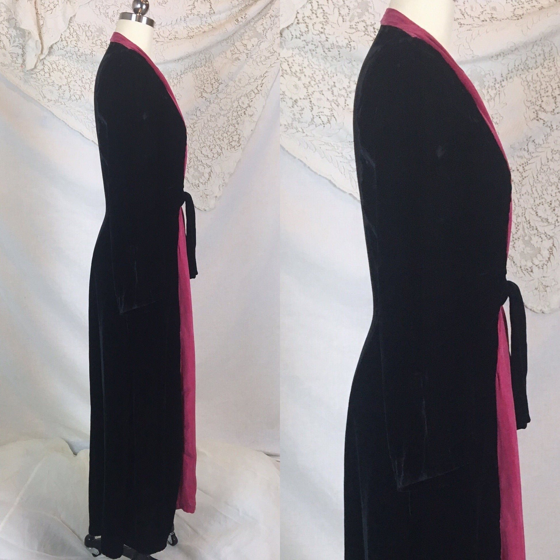 Vintage 1940's Dressing Gown Robe | Inky Black Silk Velvet with Fuchsia Silk | Size SM, MED, LG - Daggers & Dames