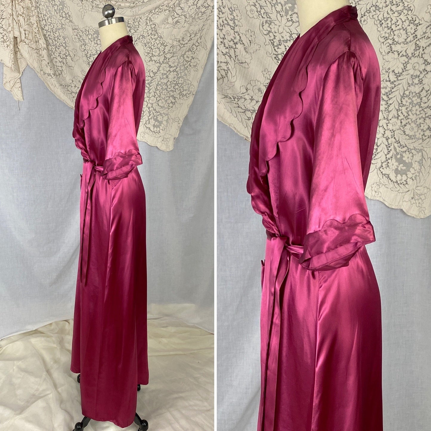 Vintage 1940's Dressing Gown Robe | Merlot Red Rayon Satin with Scalloped Edging | Size S, M, L | Never Worn - Daggers & Dames