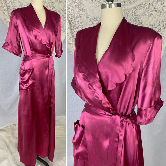 Vintage 1940's Dressing Gown Robe | Merlot Red Rayon Satin with Scalloped Edging | Size S, M, L | Never Worn - Daggers & Dames