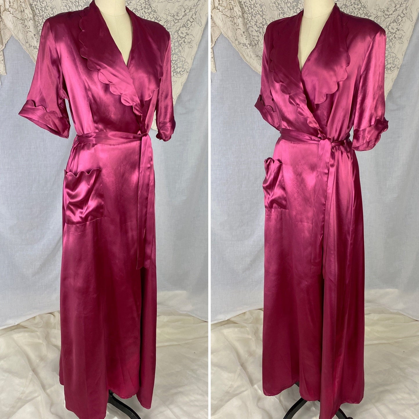 Vintage 1940's Dressing Gown Robe | Merlot Red Rayon Satin with Scalloped Edging | Size S, M, L | Never Worn - Daggers & Dames