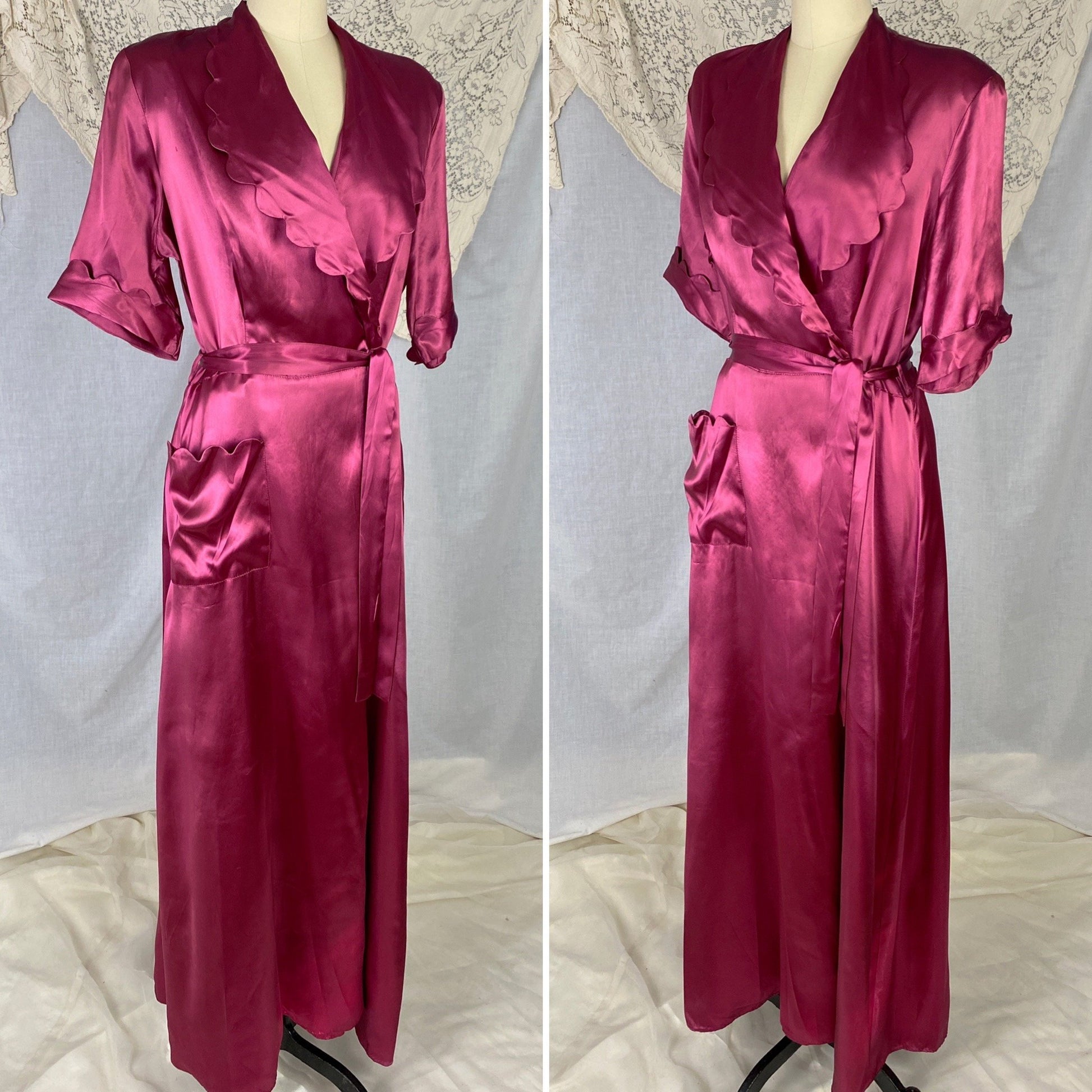 Vintage 1940's Dressing Gown Robe | Merlot Red Rayon Satin with Scalloped Edging | Size S, M, L | Never Worn - Daggers & Dames