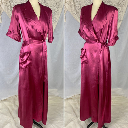 Vintage 1940's Dressing Gown Robe | Merlot Red Rayon Satin with Scalloped Edging | Size S, M, L | Never Worn - Daggers & Dames