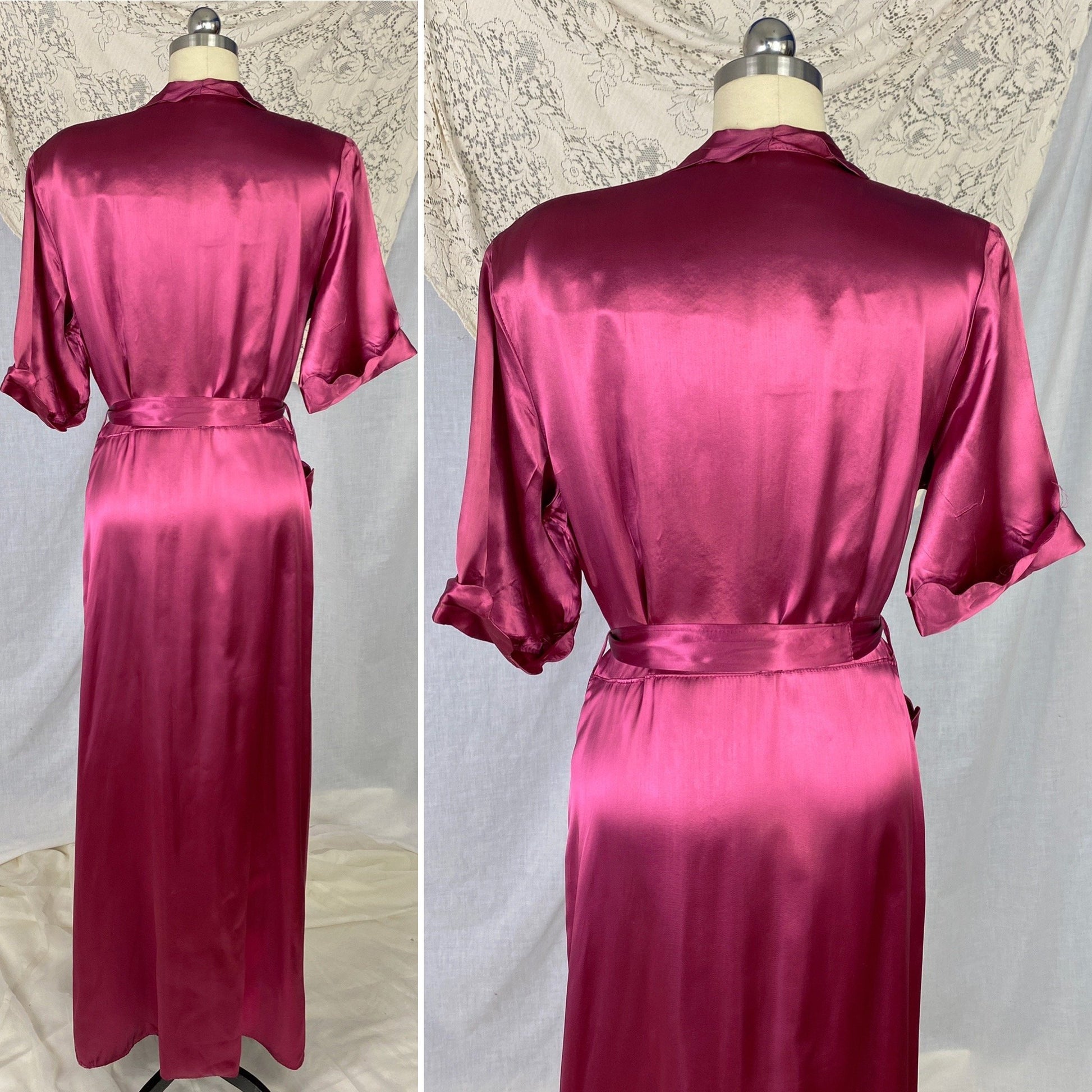 Vintage 1940's Dressing Gown Robe | Merlot Red Rayon Satin with Scalloped Edging | Size S, M, L | Never Worn - Daggers & Dames