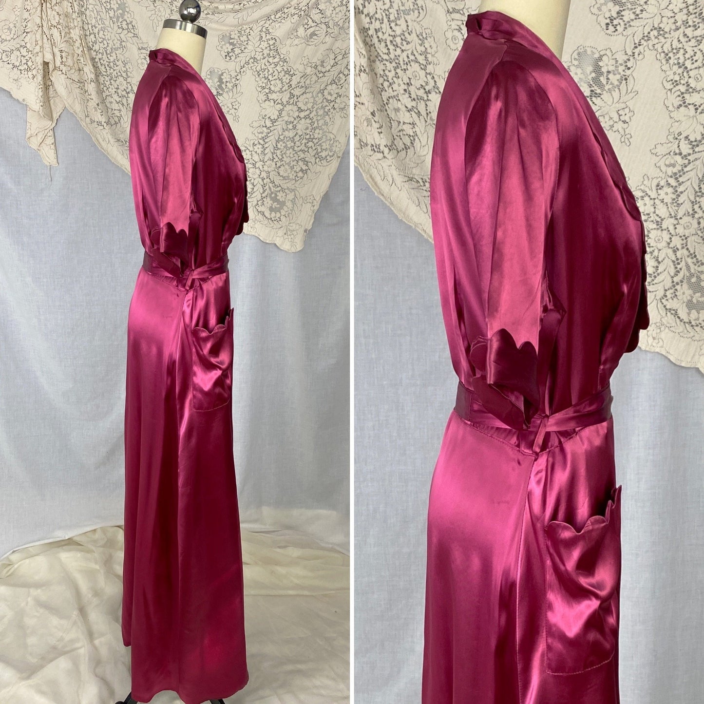 Vintage 1940's Dressing Gown Robe | Merlot Red Rayon Satin with Scalloped Edging | Size S, M, L | Never Worn - Daggers & Dames
