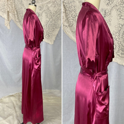 Vintage 1940's Dressing Gown Robe | Merlot Red Rayon Satin with Scalloped Edging | Size S, M, L | Never Worn - Daggers & Dames