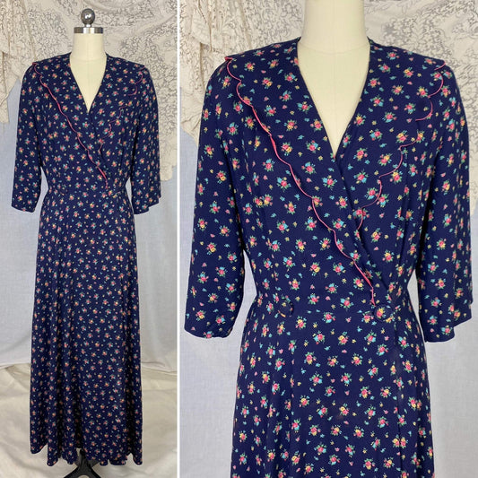 Vintage 1940's Dressing Gown Robe | Navy Blue Brushed Rayon with Floral Print | Size M, LG | Kamore - Daggers & Dames