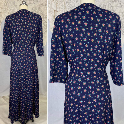 Vintage 1940's Dressing Gown Robe | Navy Blue Brushed Rayon with Floral Print | Size M, LG | Kamore - Daggers & Dames