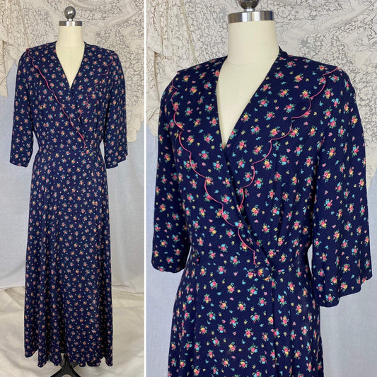 Vintage 1940's Dressing Gown Robe | Navy Blue Brushed Rayon with Floral Print | Size M, LG | Kamore - Daggers & Dames