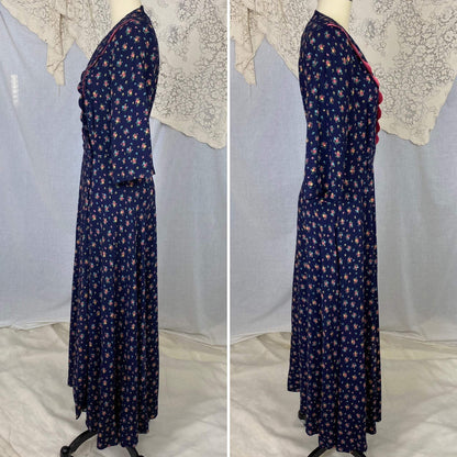 Vintage 1940's Dressing Gown Robe | Navy Blue Brushed Rayon with Floral Print | Size M, LG | Kamore - Daggers & Dames
