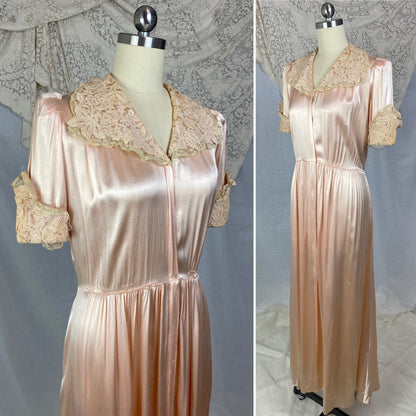 Vintage 1940's Dressing Gown Robe | Rich Dusty Rose Pink Rayon Satin Charmeuse with Nude Embroidered Lace | Size M - Daggers & Dames