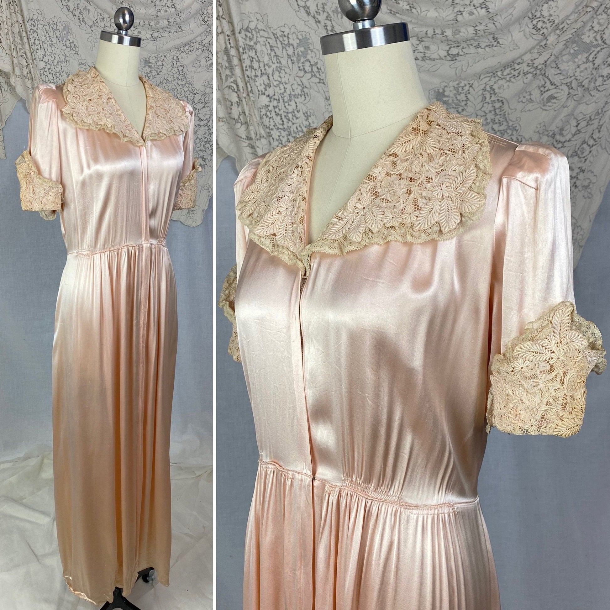 Vintage 1940's Dressing Gown Robe | Rich Dusty Rose Pink Rayon Satin Charmeuse with Nude Embroidered Lace | Size M - Daggers & Dames