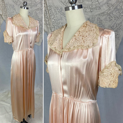 Vintage 1940's Dressing Gown Robe | Rich Dusty Rose Pink Rayon Satin Charmeuse with Nude Embroidered Lace | Size M - Daggers & Dames