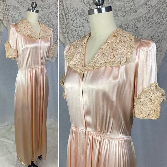 Vintage 1940's Dressing Gown Robe | Rich Dusty Rose Pink Rayon Satin Charmeuse with Nude Embroidered Lace | Size M - Daggers & Dames