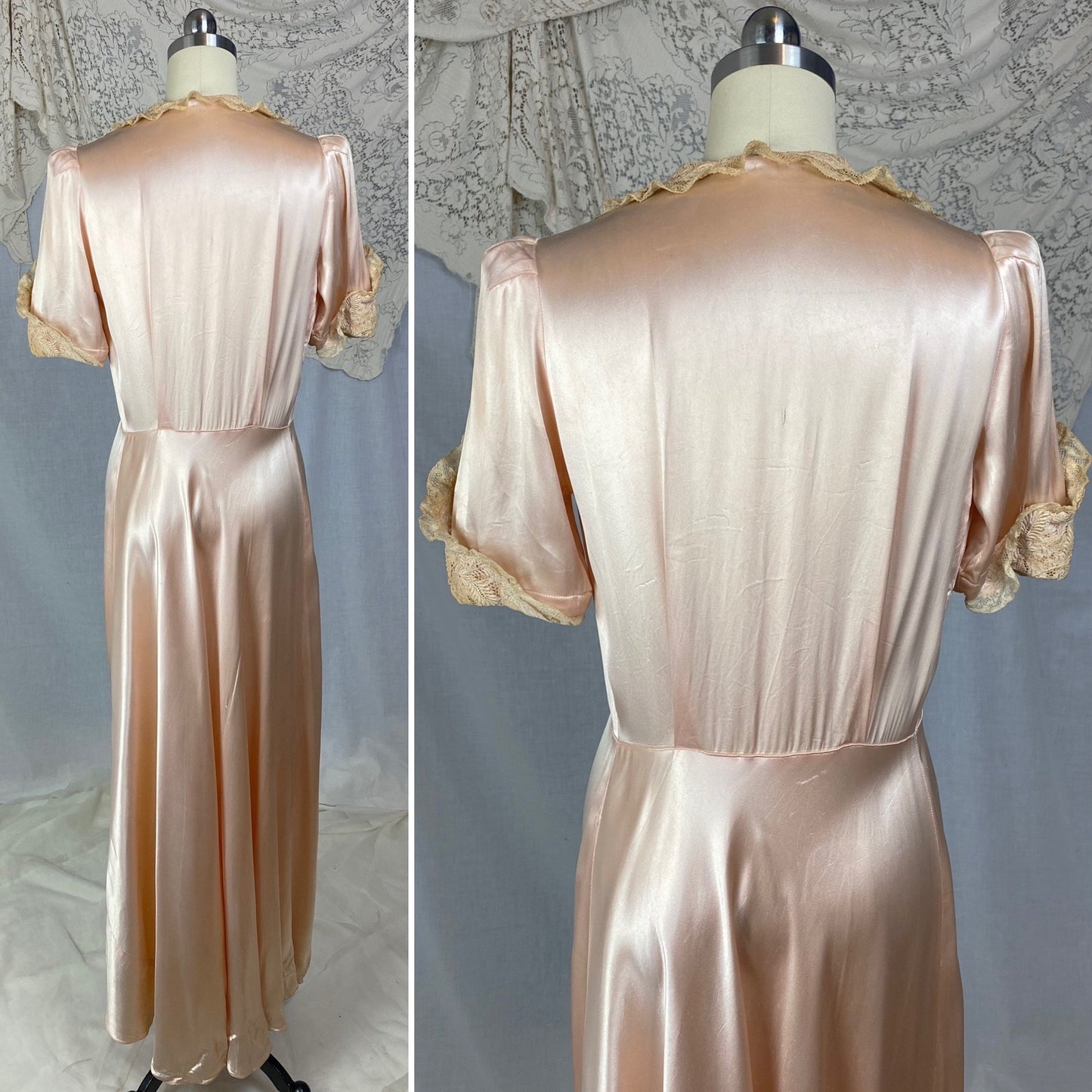 Vintage 1940's Dressing Gown Robe | Rich Dusty Rose Pink Rayon Satin Charmeuse with Nude Embroidered Lace | Size M - Daggers & Dames
