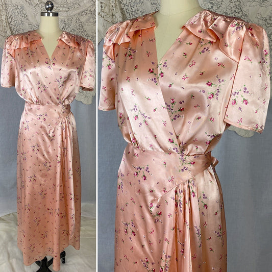 Vintage 1940's Dressing Gown Robe | Rich Rose Peach Rayon Satin with Floral Print | Size M | Styled by Saybury - Daggers & Dames