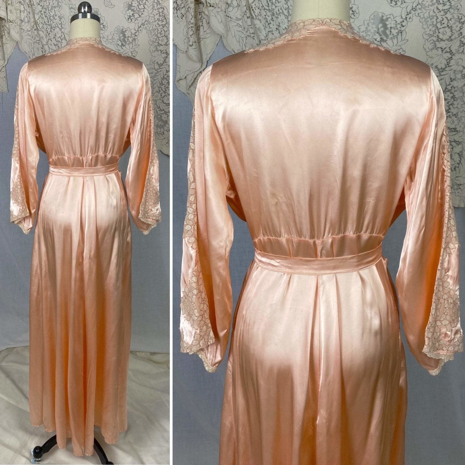 Vintage 1940's Dressing Gown Robe | Rose Peach Rayon Satin with Ivory Alençon Lace | Size XS, S - Daggers & Dames