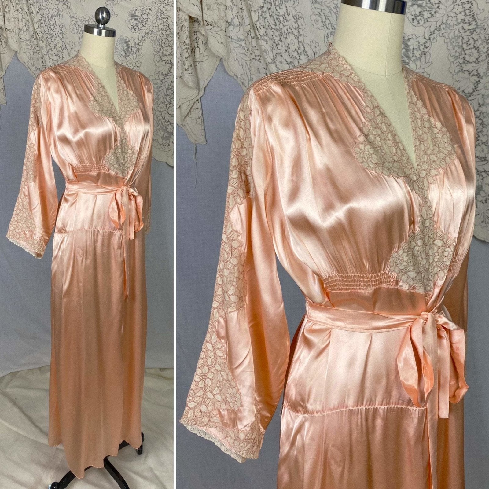 Vintage 1940's Dressing Gown Robe | Rose Peach Rayon Satin with Ivory Alençon Lace | Size XS, S - Daggers & Dames