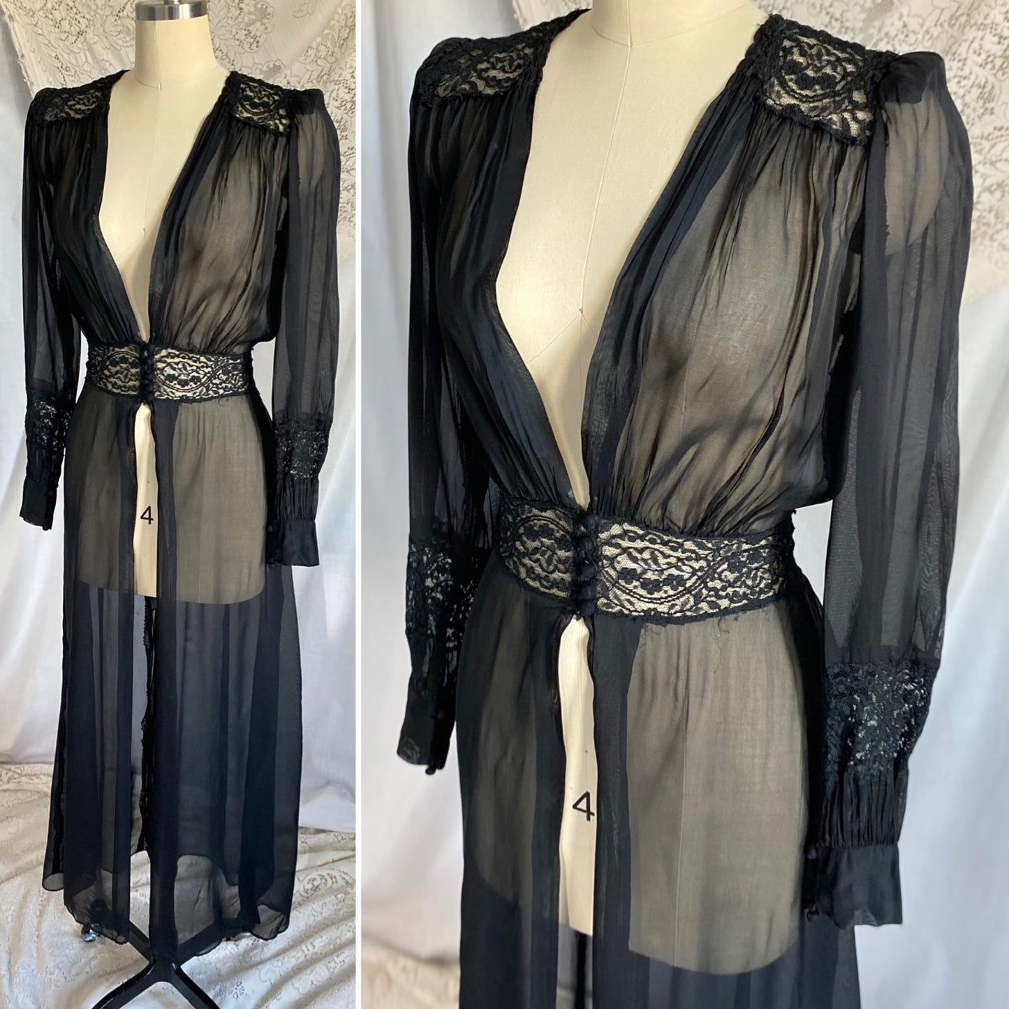 Vintage 1940's Dressing Gown Robe | Sheer Black Silk Chiffon with Chantilly Lace | Size XS - Daggers & Dames