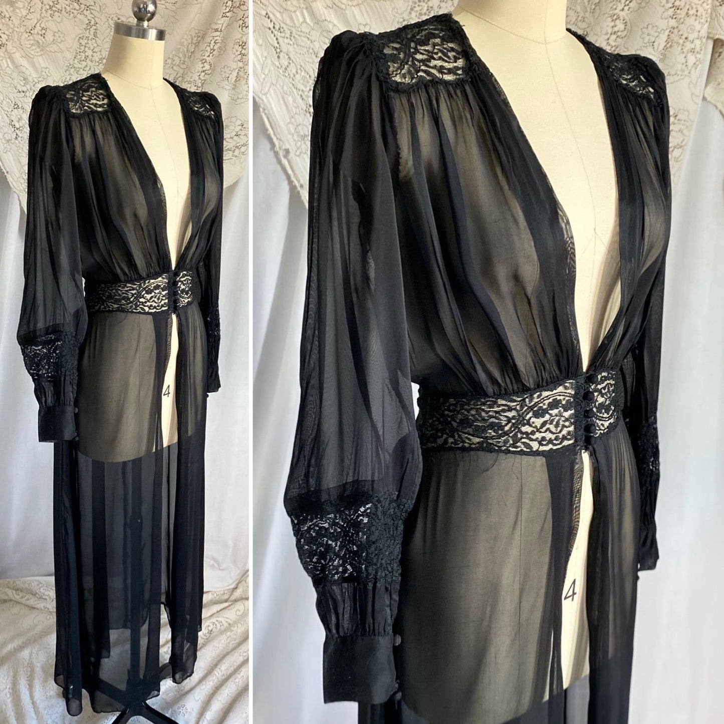 Vintage 1940's Dressing Gown Robe | Sheer Black Silk Chiffon with Chantilly Lace | Size XS - Daggers & Dames